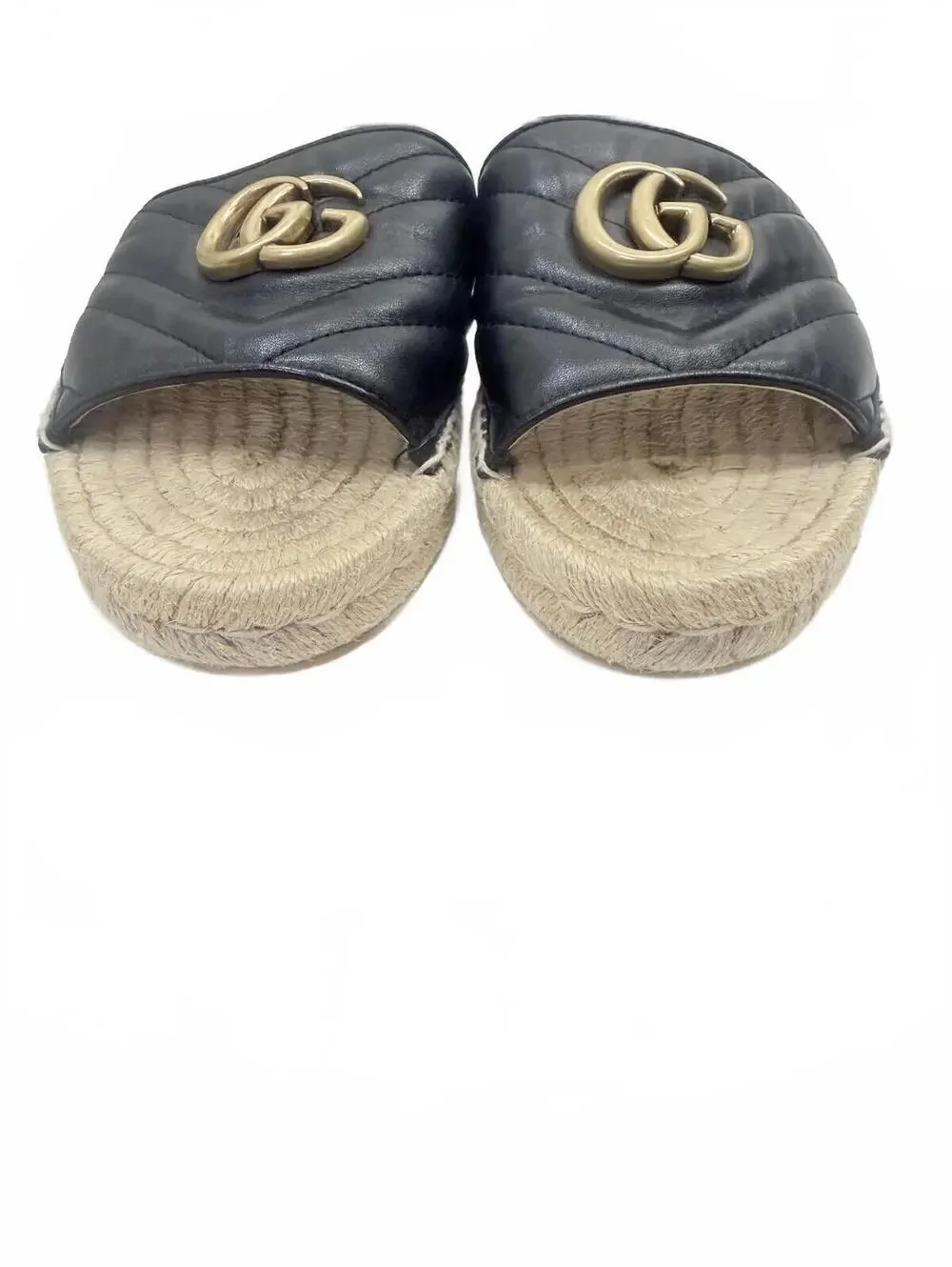 Gucci Marmont Matelasse Leather Espadrille Slide Sandal Black Sz 37.5 US 7.5